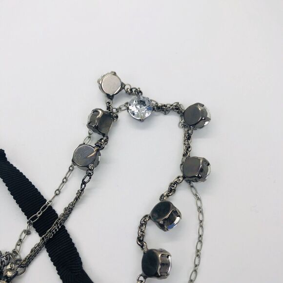 American Eagle Black Ribbon Silver Rhinestone Tie Statement 3 Strand Necklace - Picture 4 of 4